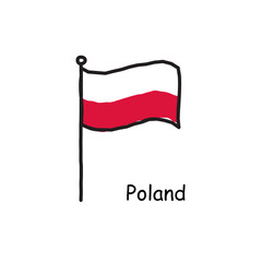 hand drawn sketchy Poland flag on the flag pole. two color flag . Stock Vector illustration isolated on white background.