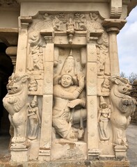 Sandstone sculptures of God and lions are carved prominently as a idols in the ancient kanchi kailasanathar temple in kancheepuram