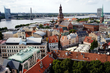 Obraz premium Riga, Latvia - August 07, 2018. View from the observation deck of St. Peter's Church in Riga.