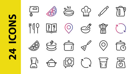 Set of icons for cooking and kitchen, vector lines, contains icons such as a knife, saucepan, boiling time, mixer, scales, recipe book. Editable stroke, perfect 480x480 pixels, white background