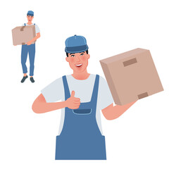 Guy loader holds the box and shows a gesture all right. Vector illustration of hard work man