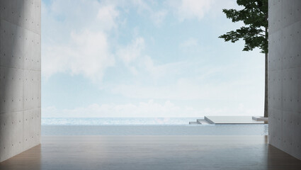 The interior design of modern loft living room and concrete wall background and seascape view
