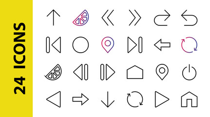 Set of line arrows, directions, arrows, contains icons such as pause, continuation, directly, to the right, Editable stroke. 480x480, On a white background, Vector illustration