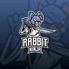 Rabbit Ninja mascot esport logo design on blue background. 