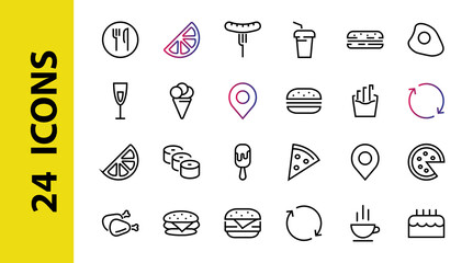 A simple set of fast food icons related to the vector line. Contains icons such as pizza, burger, sushi, bike, scrambled eggs and more. EDITABLE stroke. 480x480 pixels perfect, EPS 10