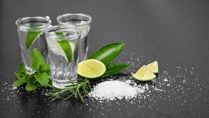 Tequila shot with juicy lime slice and salt on background