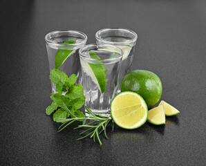 Tequila shot with juicy lime slice and salt on background