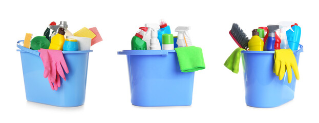 Collage of buckets with cleaning supplies on white background. Banner design