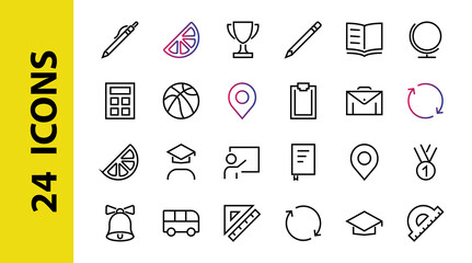 Naklejka premium A simple set of school items. Contains icons such as student, award, geography, physical education, geometry and more. On white background. Editable stroke. 480x480