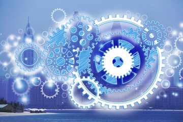Illustration of gear mechanism and cityscape on background