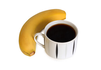 Ripe yellow banana and cup of coffee on white background. Ingredients for cooking