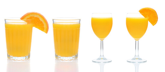 Four glasses of Fresh Squeezed Orang Juice with reflection isolated on white.