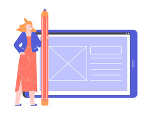 Girl with a giant pencil near the tablet. Creative occupation. Achievement of creative goals. Character artist, designer. Vector flat illustration.