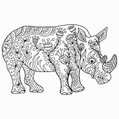 rhino drawn with flowers and ornaments on a white background for coloring, isolated vector