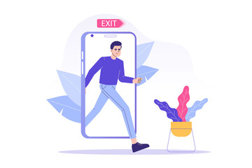 Fototapeta premium Digital Detox Concept. Happy man exiting the smartphone screen. Unplugging the phone and being offline. Staying away from stress and anxiety. Healthy lifestyle. Isolated modern vector illustration