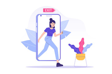 Digital Detox Concept. Happy woman exiting the smartphone screen.  Unplugging the phone and being offline. Staying away from stress and anxiety. Healthy lifestyle. Isolated modern vector illustration