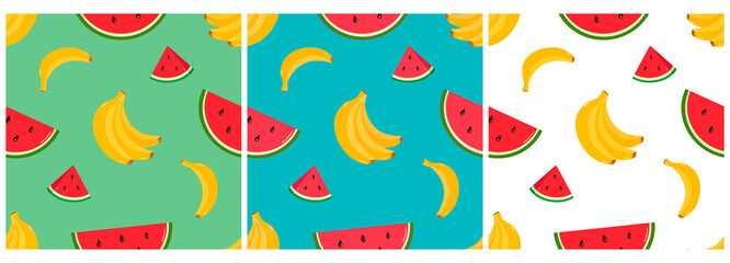 Set seamless vector patterns with bananas and watermelons. Bright summer design. Colored background. Pattern with tropical fruits.