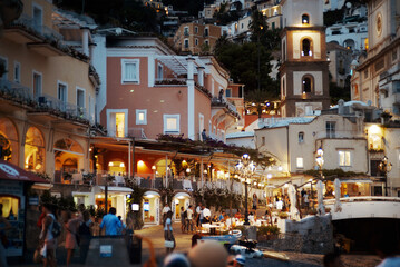 Positano, Italy - August 13, 2018. Night view of the city street. View of Positano at night. - obrazy, fototapety, plakaty