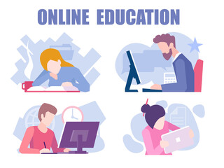 Vector of students training taking courses, learning, watching video tutorials online