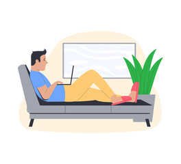 Freelance work concept. Young man working from home. Freelancer in a comfortable pose on the couch.