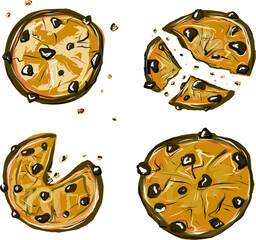 Homemade choco chip cookies with chocolate crisps isolated. Bitten, broken, cookie crumbs. Vector illustration in cartoon flat style. Sweet food cookies icon. Biscuit, small baked.
