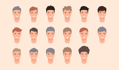 Set of Hairstyle man, Hair style set for barber and hair cut logo and men portrait modern fashion long hair, short hair, curly hair salon hairstyles, vector hairstyle silhouette, vector icon.