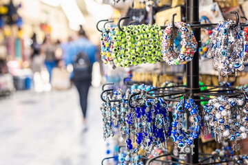  Souvenir market with handmade jewelry, beads, bracelets in Istanbul, Turkey