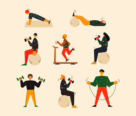 Big set of people doing sports and workouts. Sports activities vector.  Set of people working out. Stretching and cardio exercise. Vector people sets.
