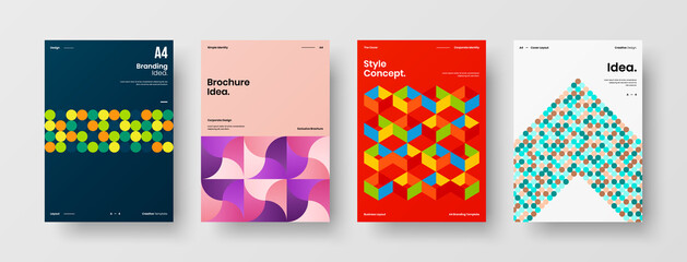 Fototapeta premium Company identity brochure template collection. Business presentation vector A4 vertical orientation front page mock up set. Corporate report cover abstract geometric illustration design layout bundle.