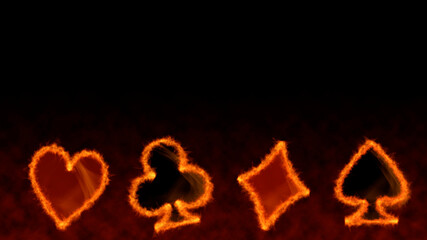 Gambling fortune, poker winner or black jack cards in flames concept of burning casino card suits with heart, club, diamond and spade symbol on heat and smoke background with copy space