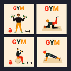 Set of vector illustration with people working out concept. Set of four vector colorful vector illustration with people doing sports and workouts.