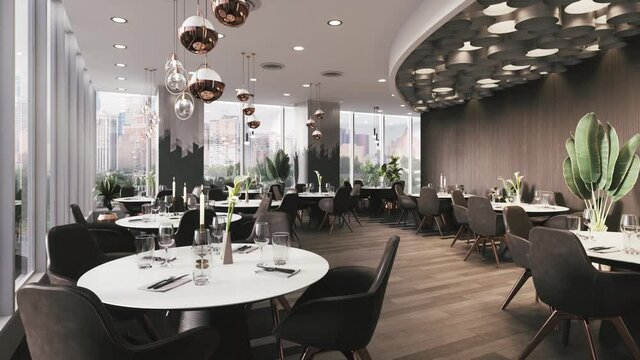 Interior of a modern restaurant. Restaurant interior with round tables. 3d render of a restaurant
