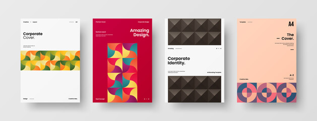 Company identity brochure template collection. Business presentation vector A4 vertical orientation front page mock up set. Corporate report cover abstract geometric illustration design layout bundle.