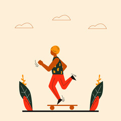 Young african man rides a skateboard  outdoor. Sports activities concept. Sports outside vector. Skateboarding concept. Active lifestyle vector flat illustration.