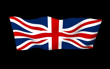 Waving flag of the Great Britain on dark background. British flag. United Kingdom of Great Britain and Northern Ireland. State symbol of the UK. 3D illustration