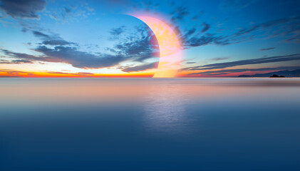 Obraz premium Beauty sunset over the sea - Beautiful landscape with solar eclipse