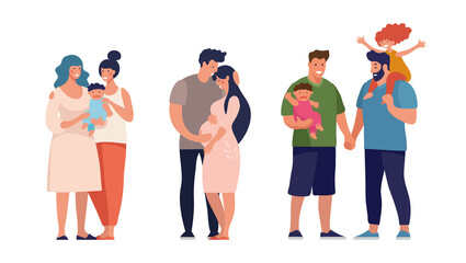 A set of LGBT couples and couples with children, gays, lesbians, a traditional pregnant couple. Relations and rights of homosexual partners. Vector illustration in a flat cartoon style.