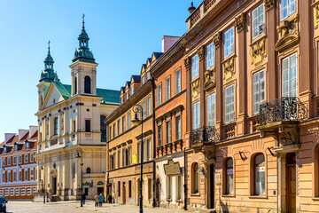Fototapeta na wymiar Panoramic view of historic New Town Nowe Miasto quarter with Pauline Order Church of Holy Spirit - kosciol sw. ducha - at Freta street in Warsaw, Poland
