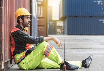 Caucasian beard worker is taking a rest