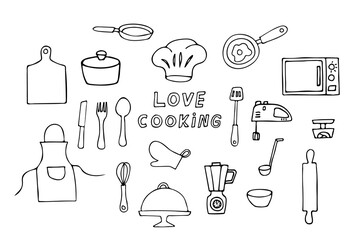 Doodle cooking icons set. Doodle kitchen utensils icons collection. Hand drawn cooking utensils collection. Doodle cooking utensils icons collection