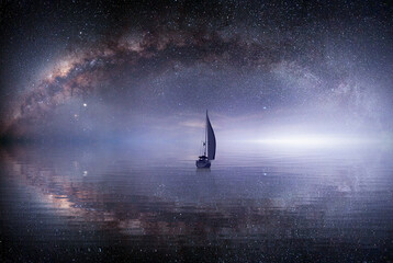 lone sailing luxur yacht under starry night with milkyway galaxy