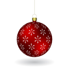 Red Christmass ball with snowflakes print hanging on a golden chain