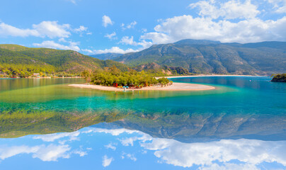 Fototapeta premium Panoramic view of Oludeniz Beach And Blue Lagoon, Oludeniz beach is best beaches in Turkey - Fethiye, Turkey