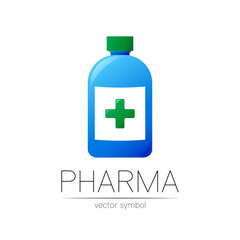 Pharmacy vector symbol with blue bottle and green cross for pharmacist, pharma store, doctor and medicine. Modern design vector logo on white background. Pharmaceutical icon logotype . Human Health