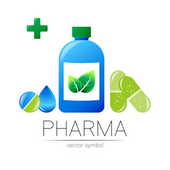 Pharmacy vector symbol with blue bottle and cross, green leaf and drop, pill capsule tablet for pharmacist, pharma store, doctor medicine. Modern design logo on white. Pharmaceutical icon logotype