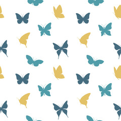 Butterflies flying in blue and yellow colors seamless pattern. Butterfly design for fabric, paper.