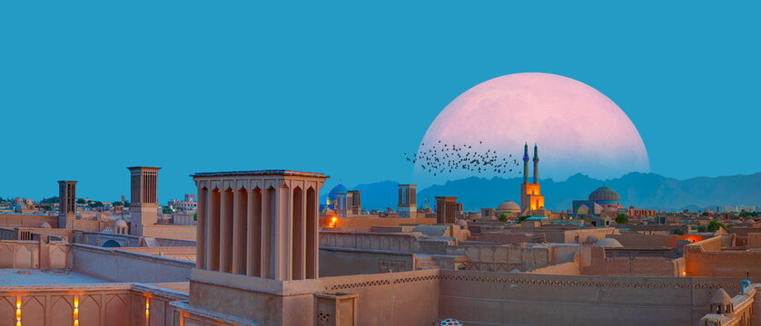 Silhouette of birds flying - Historic City of Yazd with famous wind towers in the background full moon at twilight blue hour - YAZD, IRAN "Elements of this image furnished by NASA"