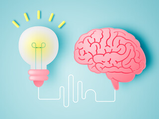 Brain with idea concept in paper art style