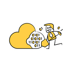 businessman digging data in cloud yellow stick figure theme