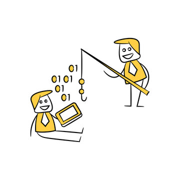 businessman phishing data on mobile yellow stick figure theme